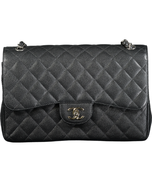 CHANEL Black Jumbo Classic Double Flap Bag in Caviar Leather with Silver Hardware