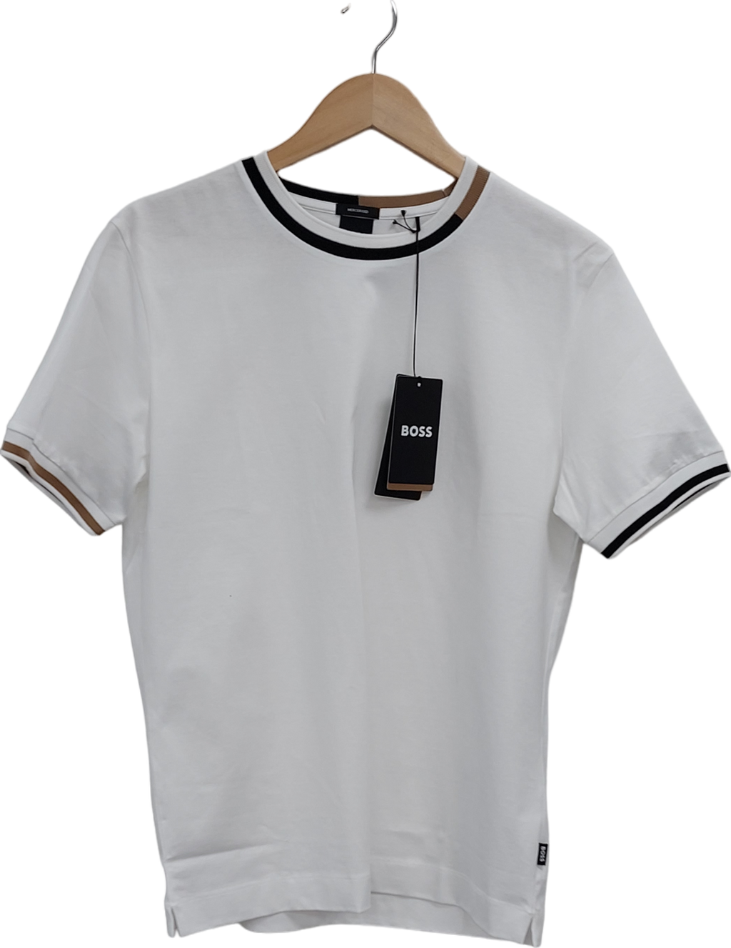 HUGO BOSS White MERCERISED-COTTON T-SHIRT WITH SIGNATURE-STRIPE DETAILS UK XL