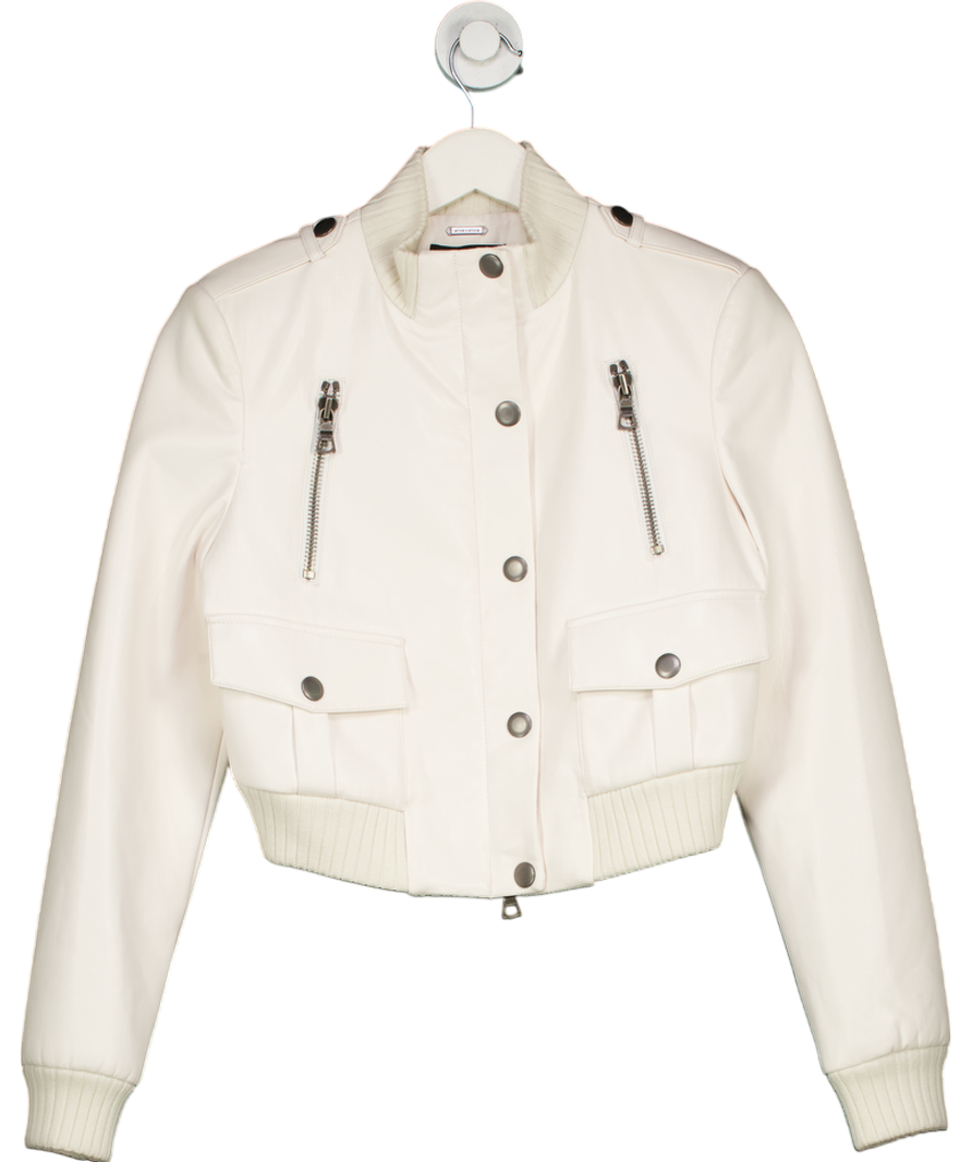 Alice + Olivia Cream Ria Cropped Faux Leather Jacket UK S