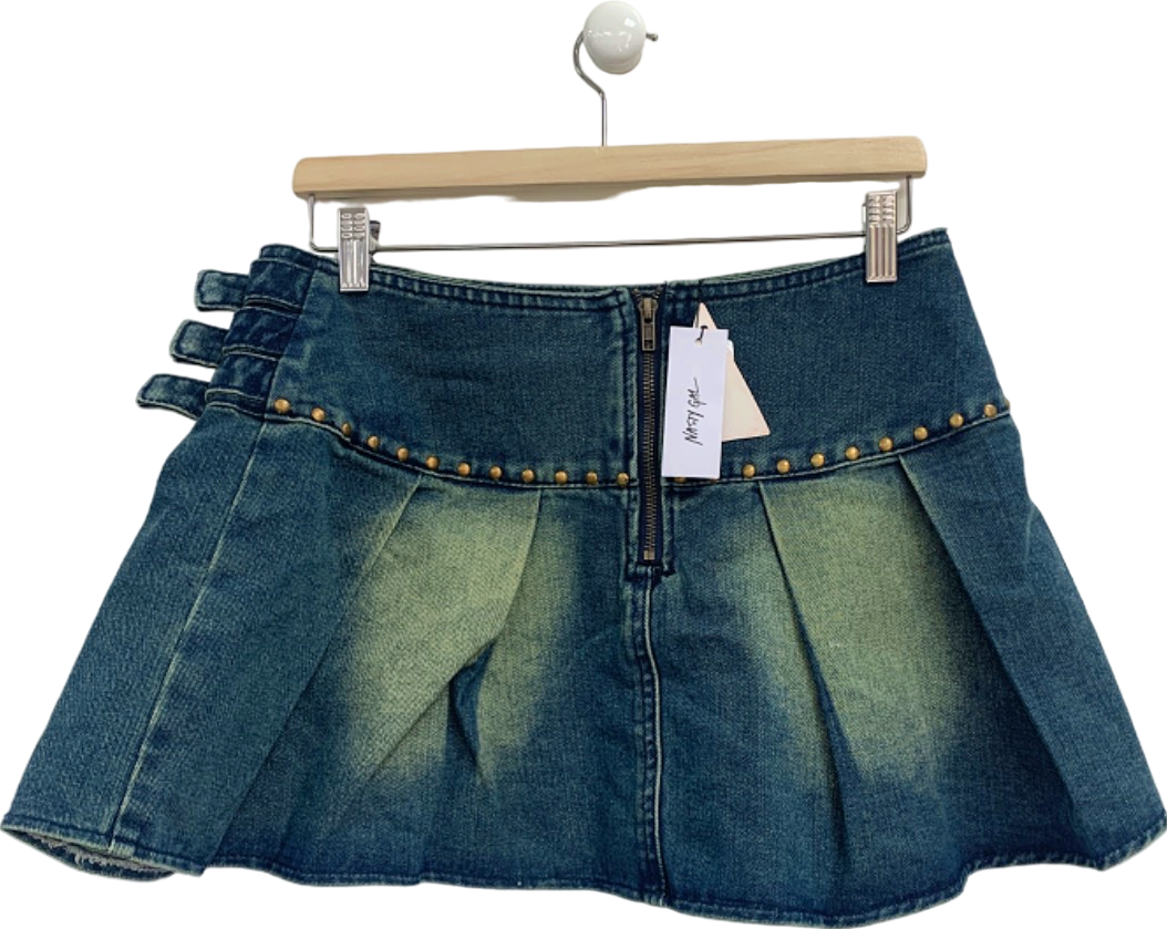 Nasty Gal Acid Wash Dark Blue Denim Pleated Buckle Mini Skirt UK 10