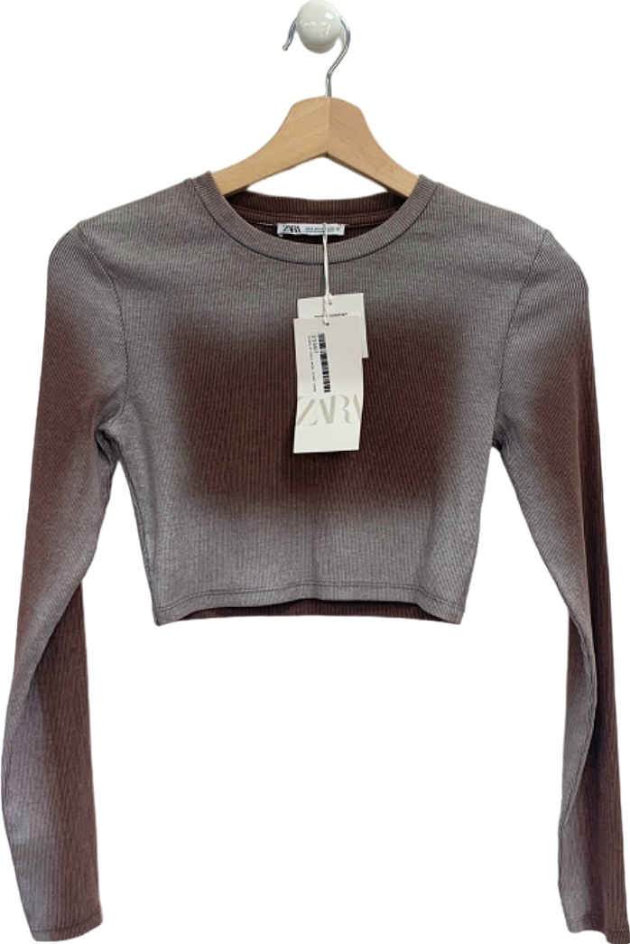 Zara Brown Ribbed Long Sleeve Crop Top UK S