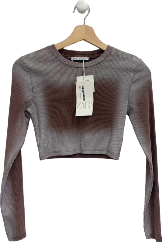 Zara Brown Ribbed Long Sleeve Crop Top UK S