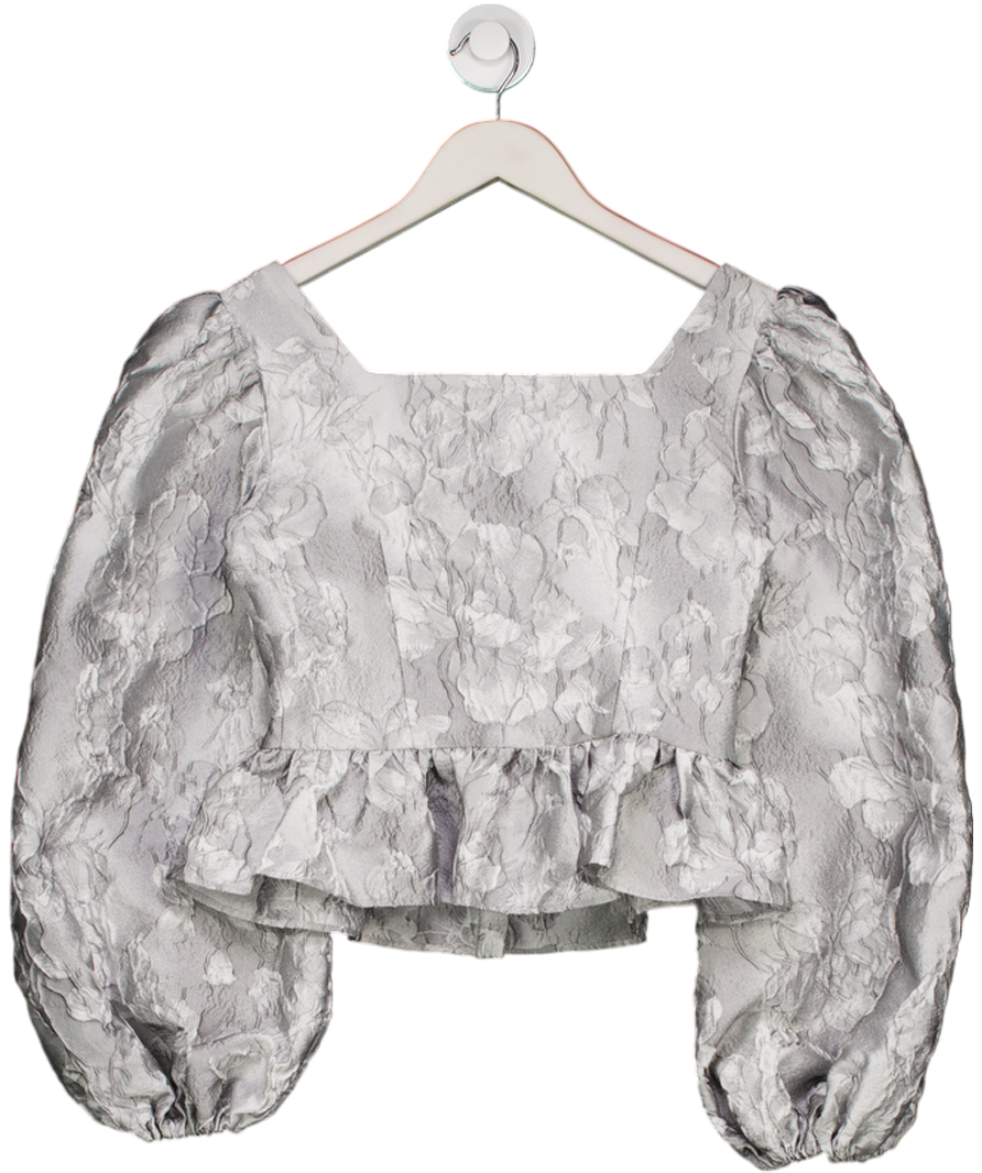 Abitu World Grey Silk Blend Jacquard Ballon Sleeve Blouse UK S