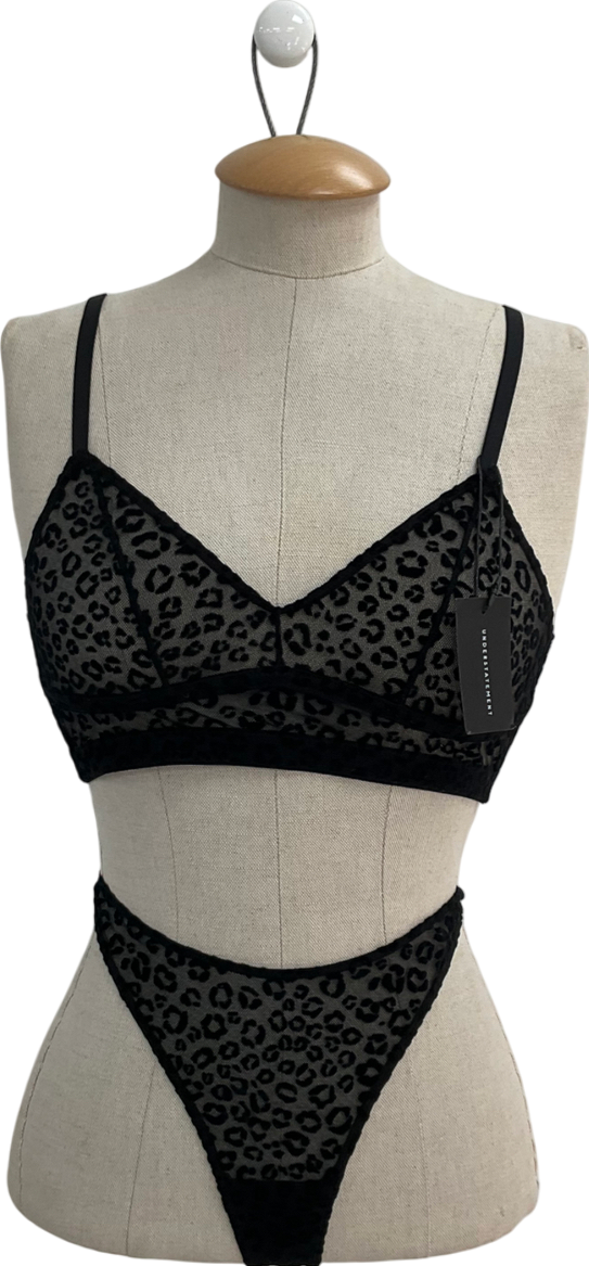 Understatement Black Leopard Mesh Thong And Plunge Bralette UK M