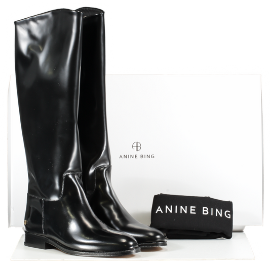 Anine Bing Black High Shine Leather Riding Boots With Gold Logo BNIB UK 5 EU 38 👠