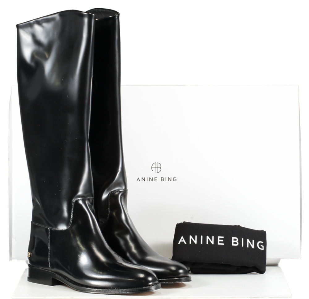 Anine Bing Black High Shine Leather Riding Boots With Gold Logo BNIB UK 5 EU 38 👠