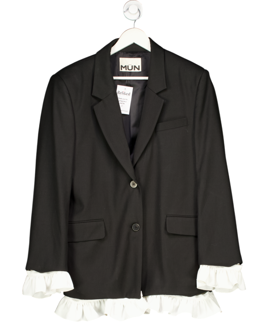 Mun Black Wool Blend Frill Blazer One Size