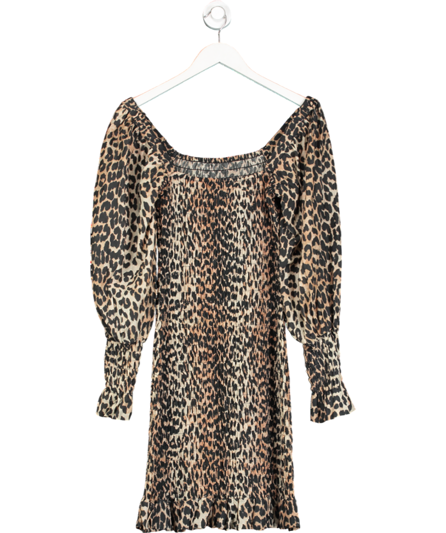 Ganni Brown Shirred Leopard Print Mini Dress UK 6