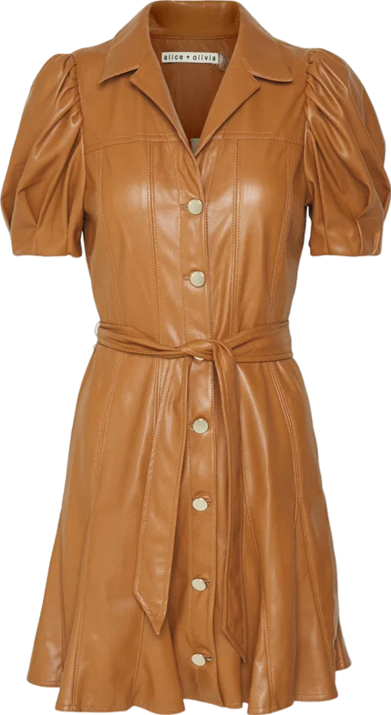 Alice + Olivia camel Pleated Belted Vegan Leather Mini Dress  UK 8