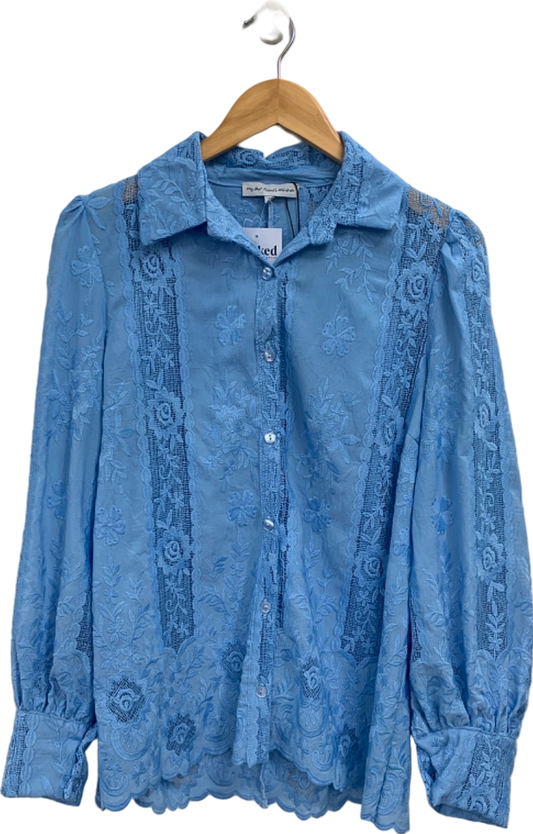 My Best Friends Wardrobe Light Blue Lace Button-Up Long Sleeve Blouse UK 10