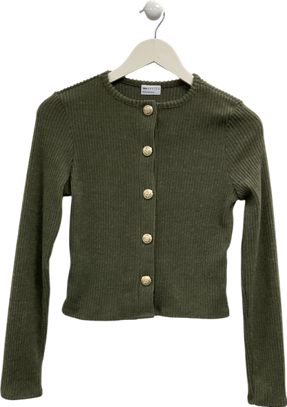 ASOS Green Brushed Rib Long Sleeve Cardigan With Gold Buttons In Khaki UK S/M