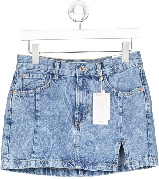 MANGO Blue Paisley Print Denim Mini Skirt UK S