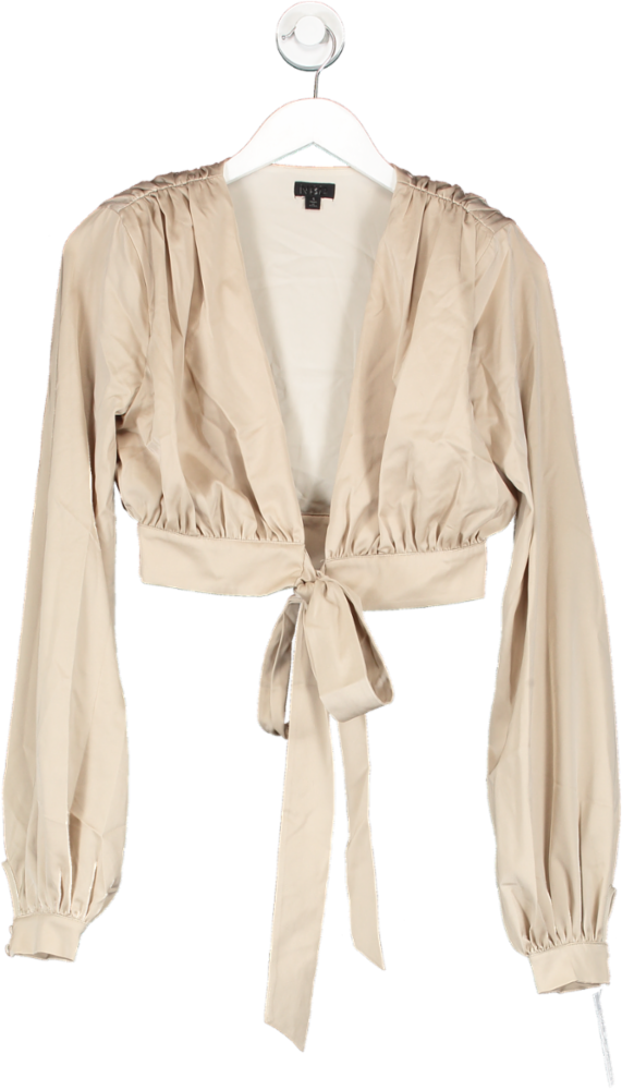 NBD Beige Satin Tie Front Cropped Blouse UK S
