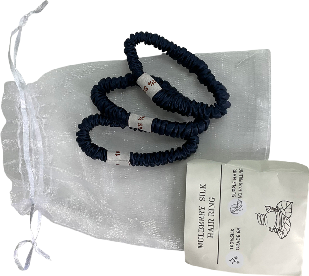 SILK. Set of 3 Navy Blue 100%Mulberry Silk Hair Scrunchies in Tulle bag