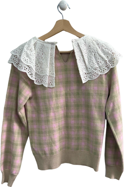 River Island Pink Light Pink Gingham Check Pattern Jumper with Broderie Lace Collar UK 10