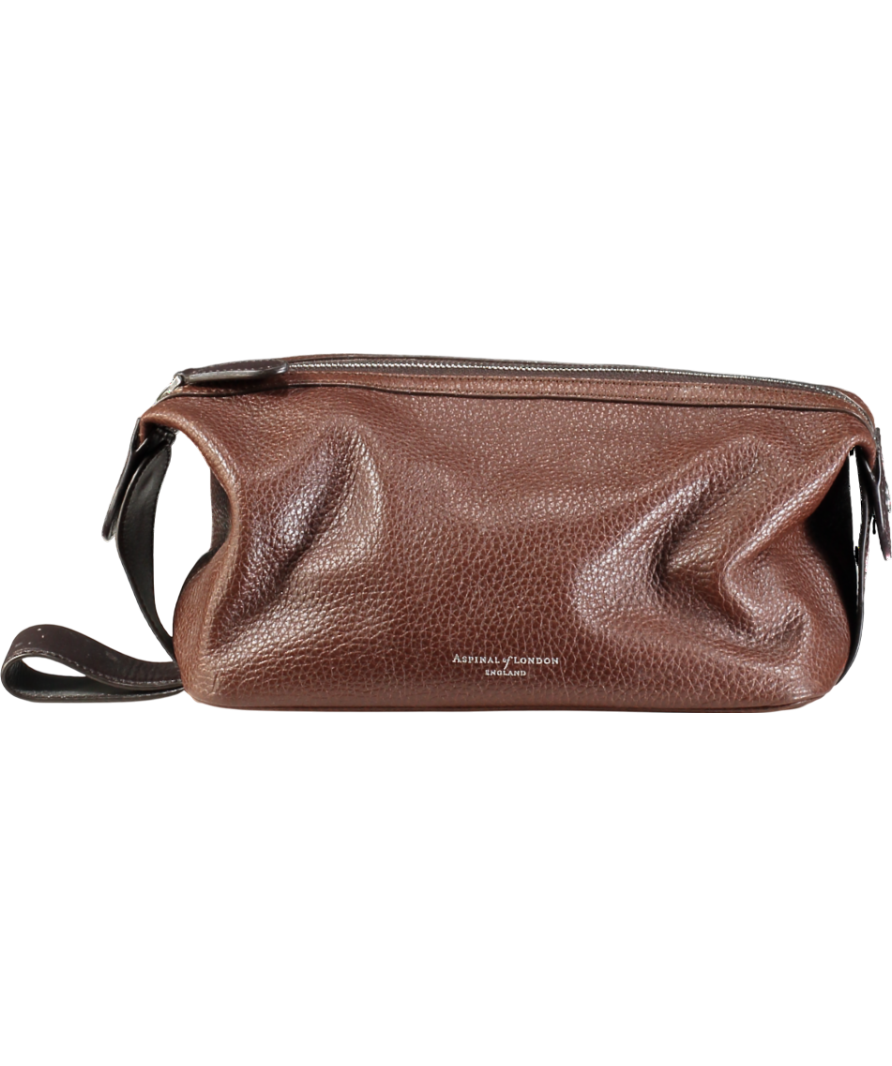 Aspinal Of London Brown Reporter Wash Bag Tobacco Pebble Leather