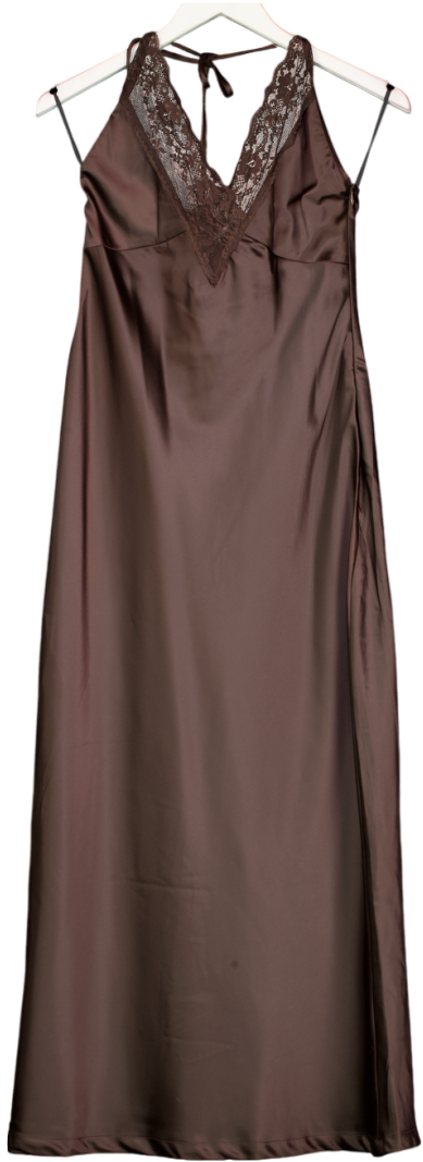 4th & Reckless Blair Chocolate Brown Lace Trim Halterneck Satin Maxi Dress UK 8