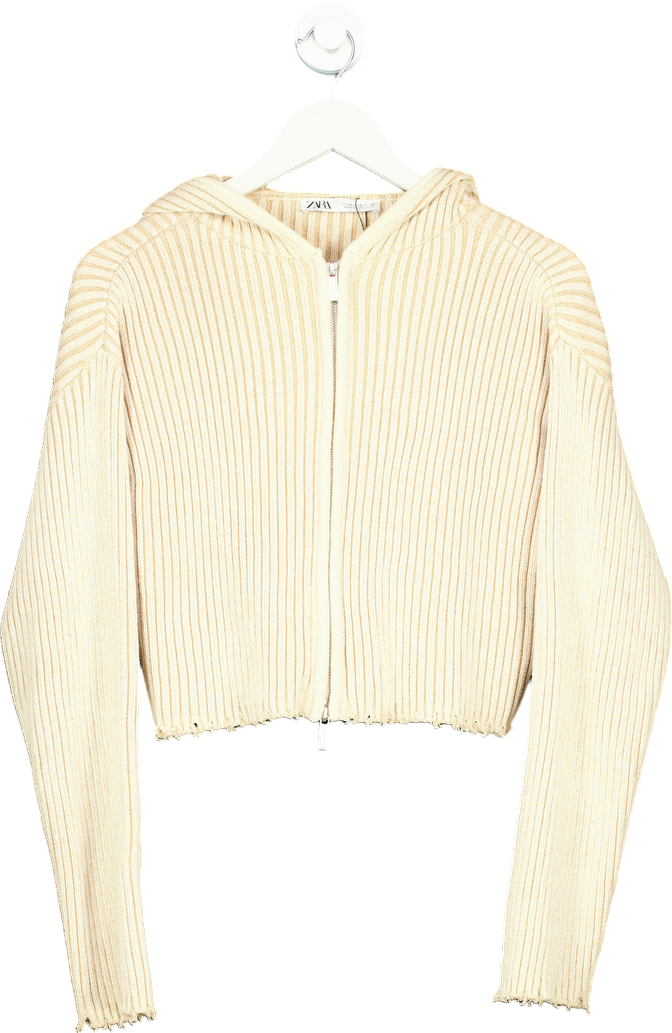 Zara Beige Ribbed Knit Hoodie UK M