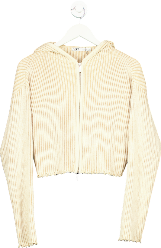 Zara Beige Ribbed Knit Hoodie UK M