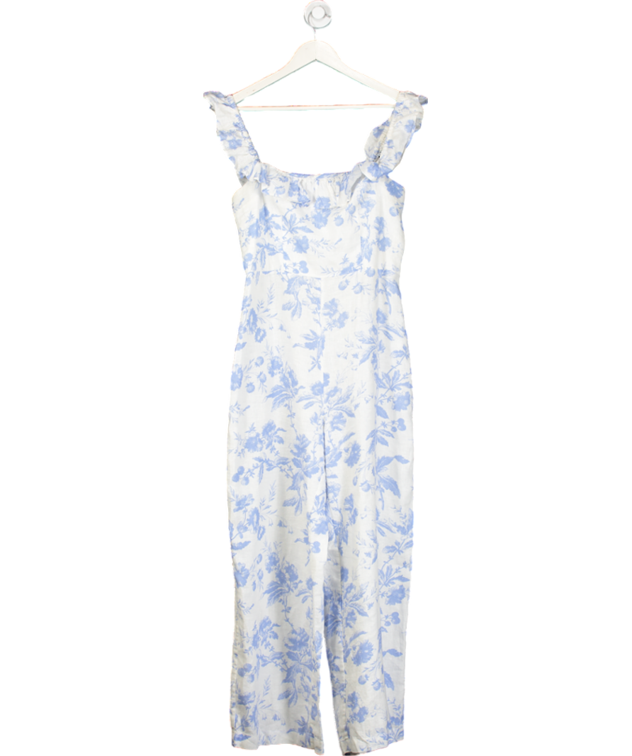 & Other Stories White / Blue Linen Floral Print Jumpsuit UK M