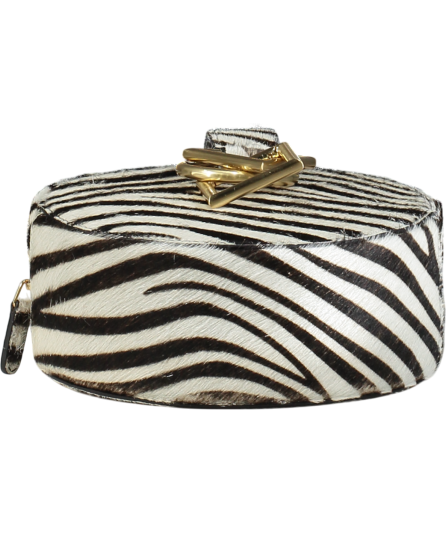 Tarah Zadeh Black Azar Leather Zebra Pony Hair Round Wristlet Clutch Bag