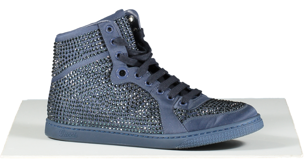 Gucci Blue Satin Crystal Embellished High Top Sneakers UK 5 EU 38 👠
