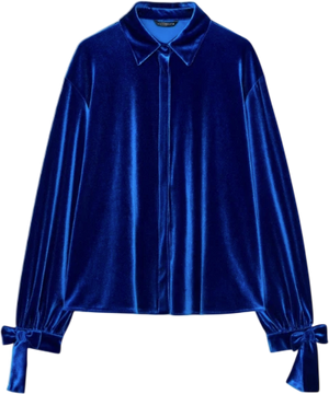 ZARA Blue Velvet Bow Cuff Shirt UK S