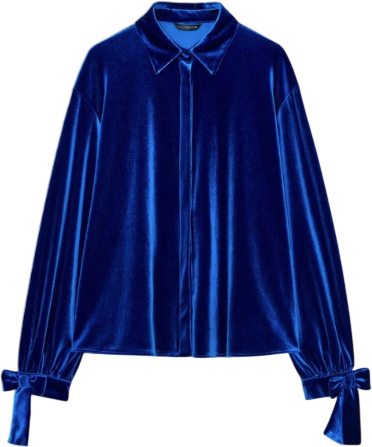 ZARA Blue Velvet Bow Cuff Shirt UK S