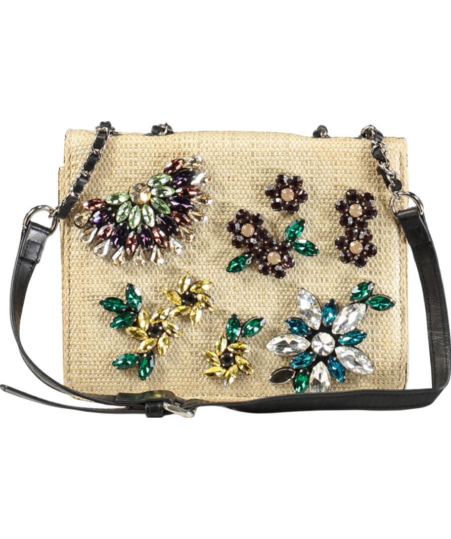 Essentiel Antwerp Beige Crystal Embellished Wicker Shoulder Bag