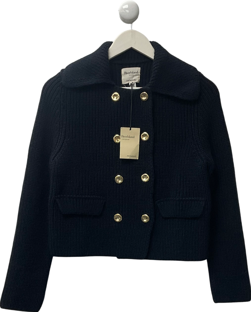 River Island Blue Navy Double Breasted Cardigan UK XS