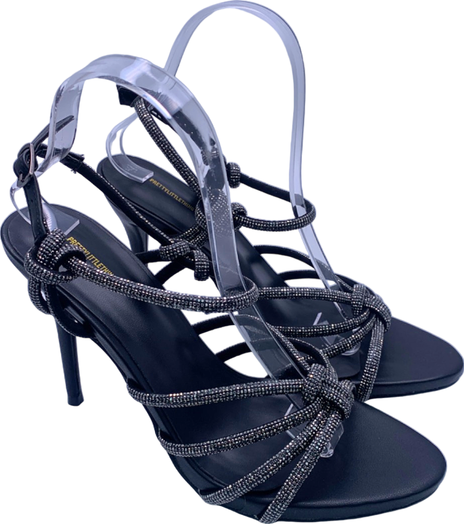PrettyLittleThing Black Diamante Knot Strappy High Heeled Sandals UK 6