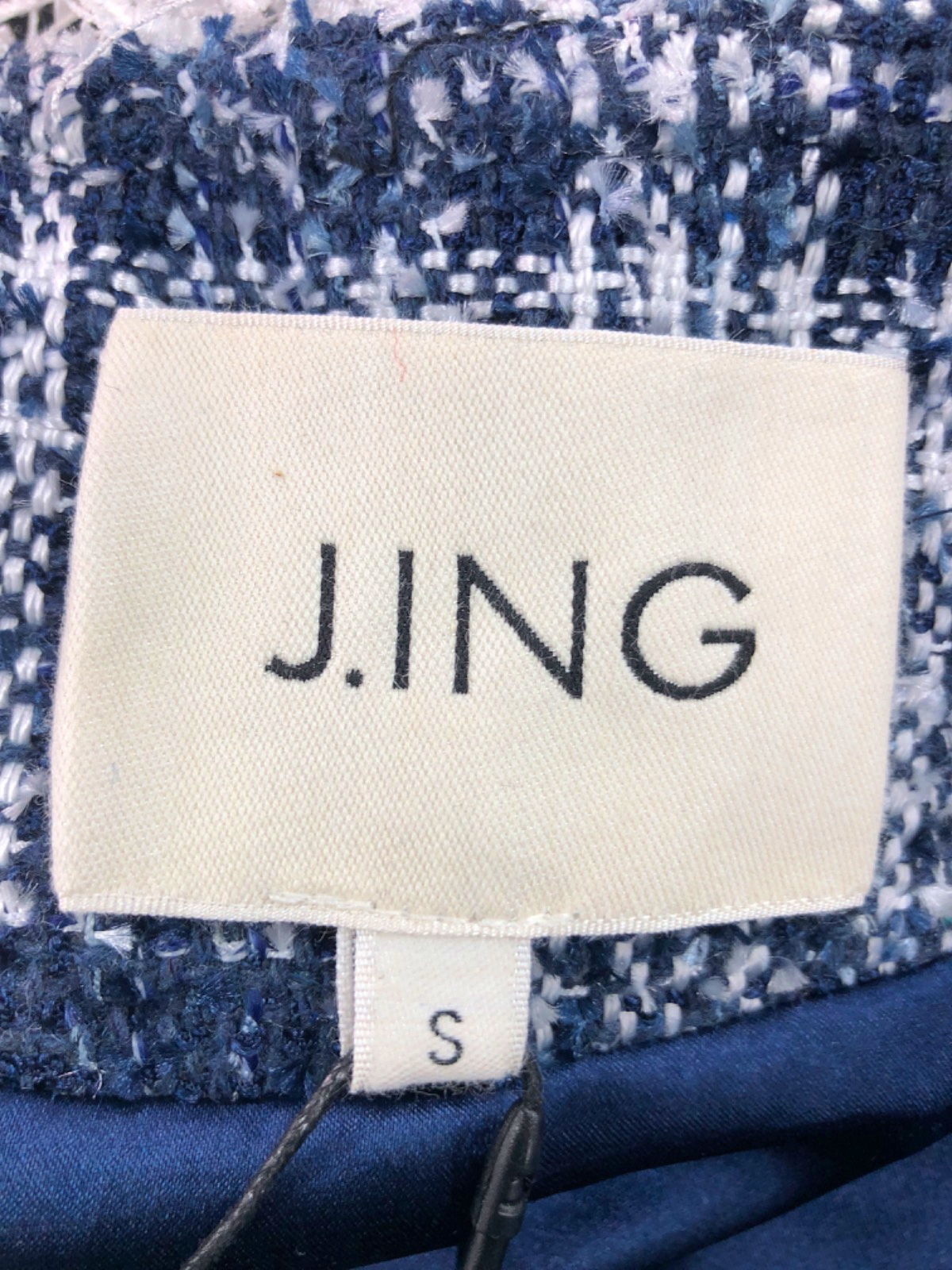 J. ING Blue and White Plaid Tweed Jacket with Fringe Trim UK S