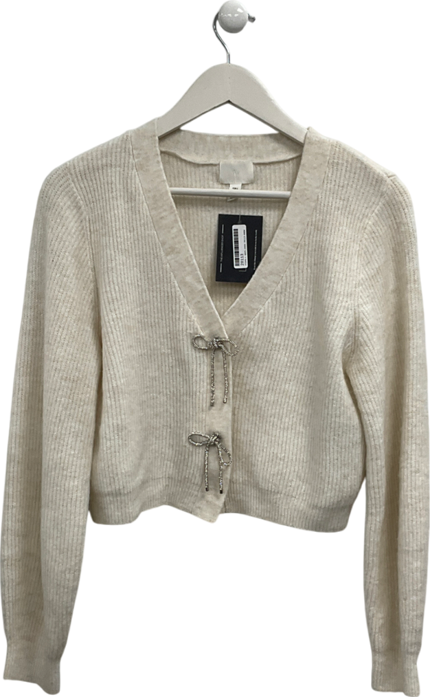 H&M Cream Bow-detail Rib-knit Cardigan UK S