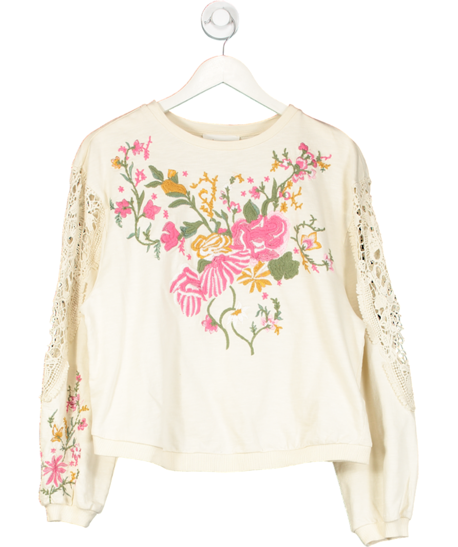 by Anthropologie Cream Oversize Floral Embroidered Lace Panel Sleeve Top UK S