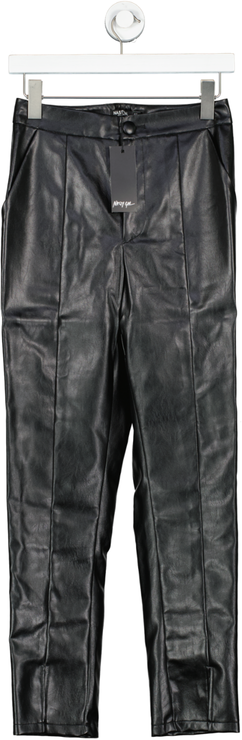 Nasty Gal Black Faux Leather Split Front Straight Leg Trousers BNWT UK 6