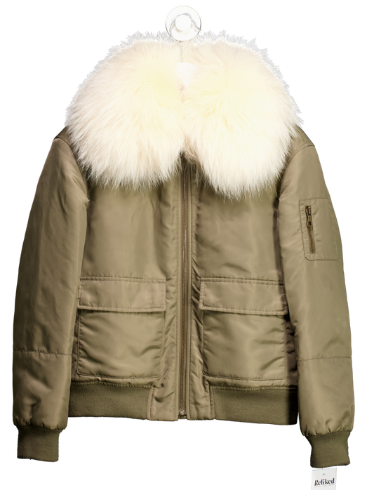 Yves Salamon Green Khaki Bomber Jacket With Real Fur Collar And Detachable Fur Lining Fr34 UK 6