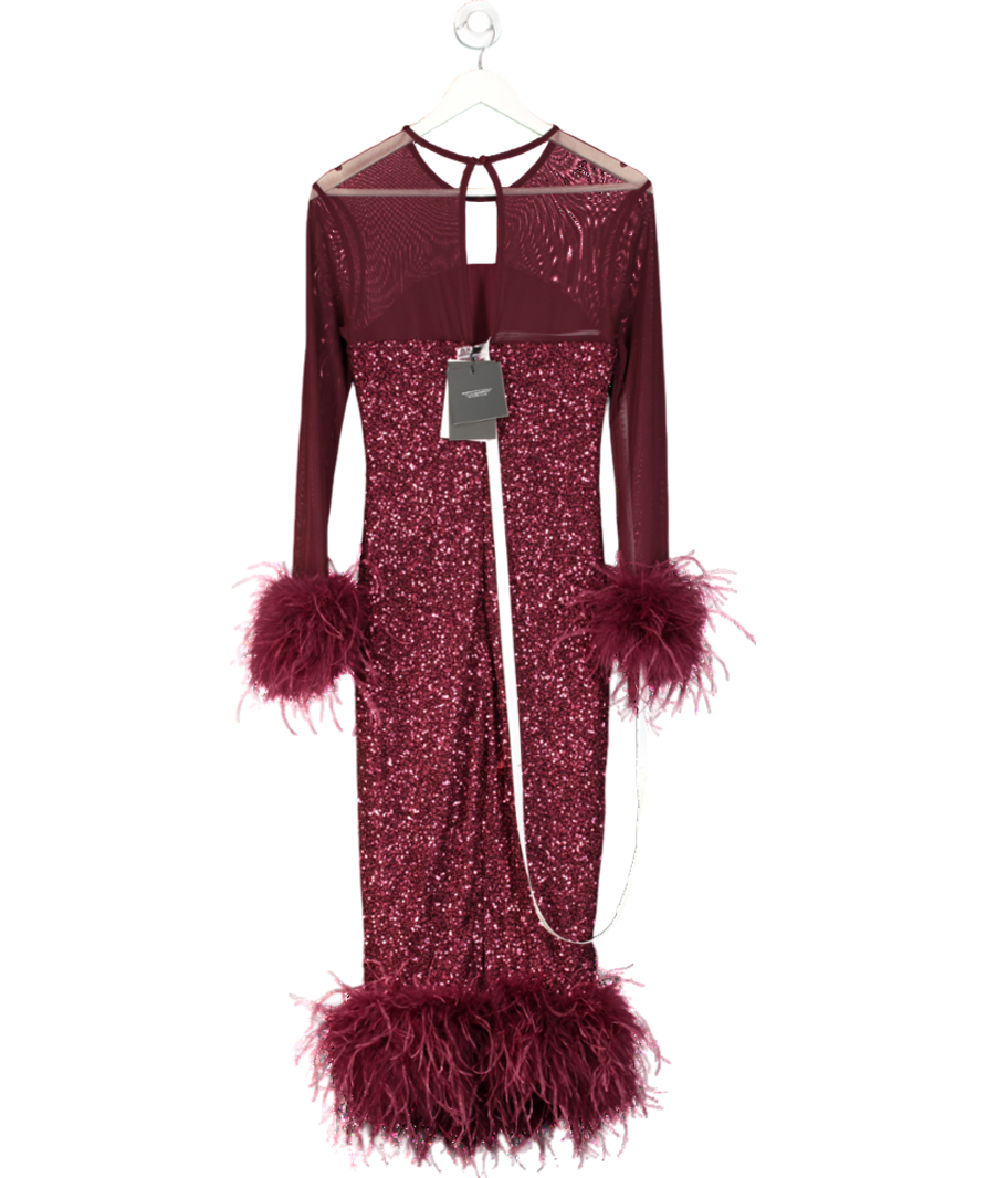 Club L Burgundy Afterglow Port Sequin Long-sleeve Midi Dress With Feather Trims UK 10