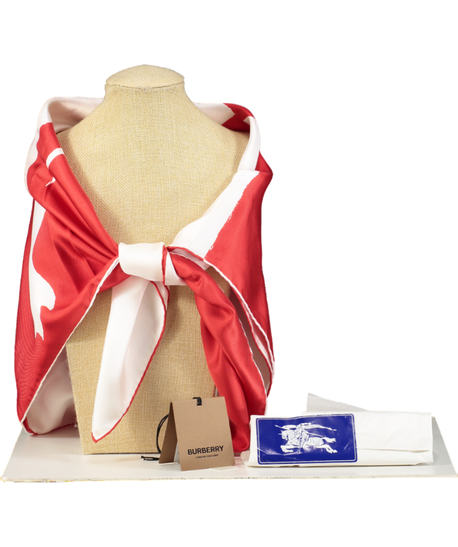 Burberry Red / White Ekd 90x90cm Split Horse Two-tone 100% Silk Scarf One Size