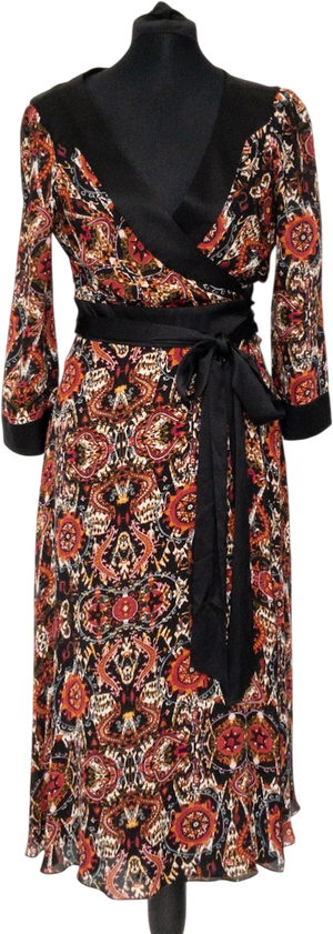Diane von Furstenberg Black Iconic Printed Silk Wrap Dress Us10 UK 14
