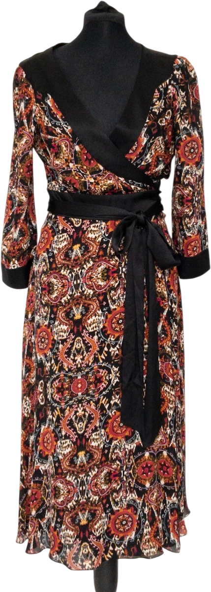 Diane von Furstenberg Black Iconic Printed Silk Wrap Dress Us10 UK 14