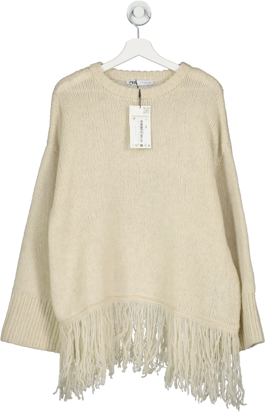 ZARA Cream Wool Fringed Sweater Ecru UK M