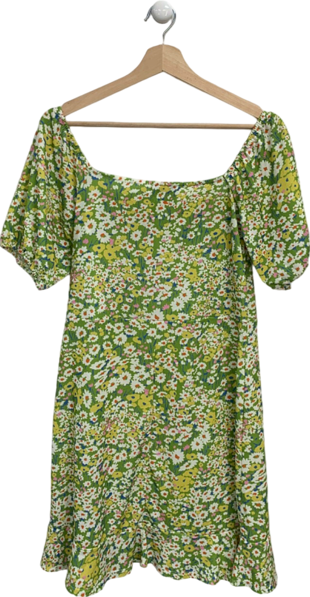 Warehouse Green Printed Square Neck Puff Sleeve Dress UK 12