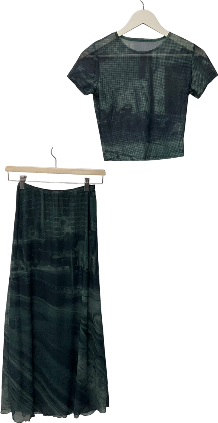 Motelrocks Rindu Midi Skirt In Cityscape Green & Tonia Cropped Tee In Cityscape Green UK S