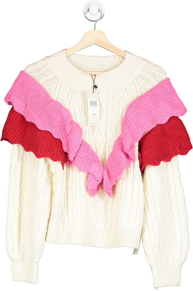 Never Fully Dressed Cream Pink Ruffle Cable Jumper UK M