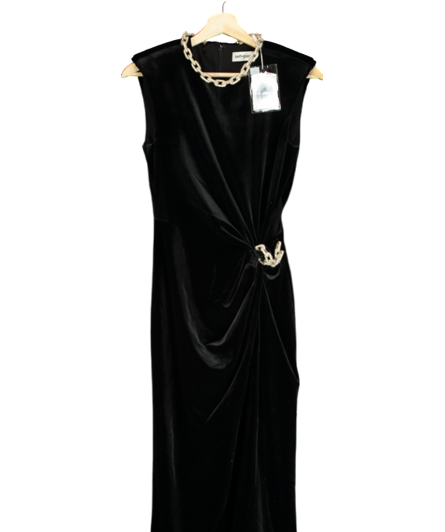 Self-Portrait Black Velvet Embellished Chain Maxi Dress UK 8