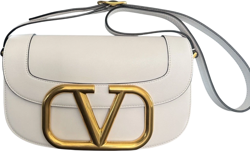 VALENTINO GARAVANI White Leather / Gold Hardware Supervee Small Leather Shoulder Bag One Size