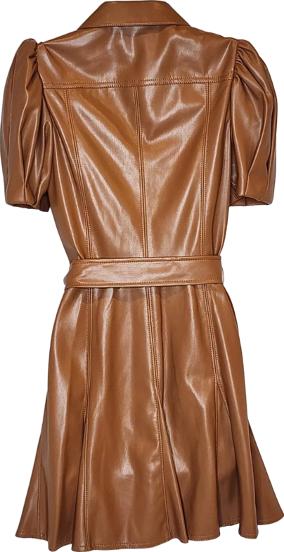 Alice + Olivia camel Pleated Belted Vegan Leather Mini Dress  UK 8