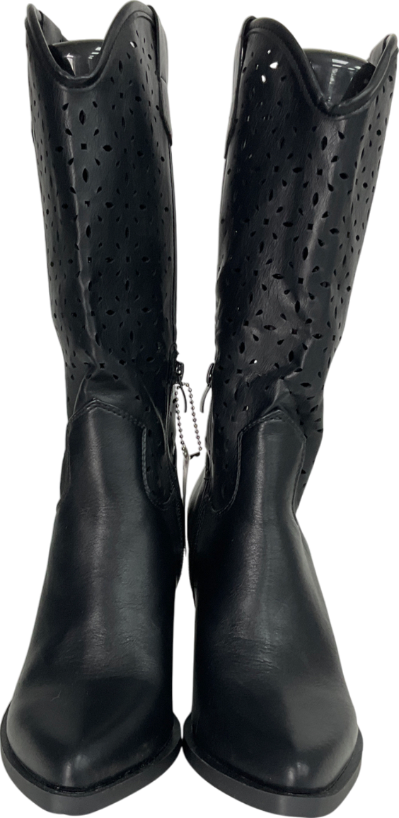 Nasty Gal Black Faux Leather Laser Cut Midi Cowboy Boots UK 6 EU 39 👠