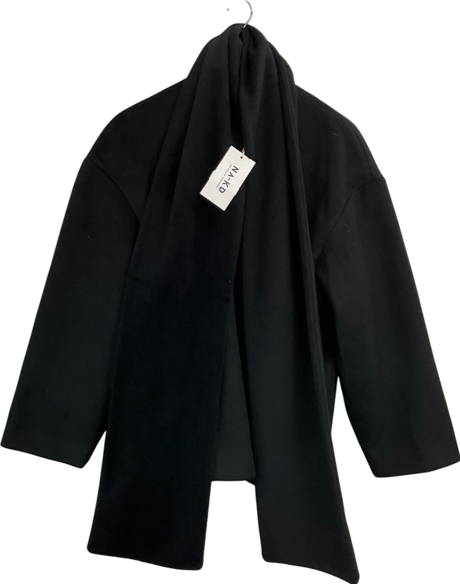 NA-KD Black Short Scarf Detailed Coat UK 8