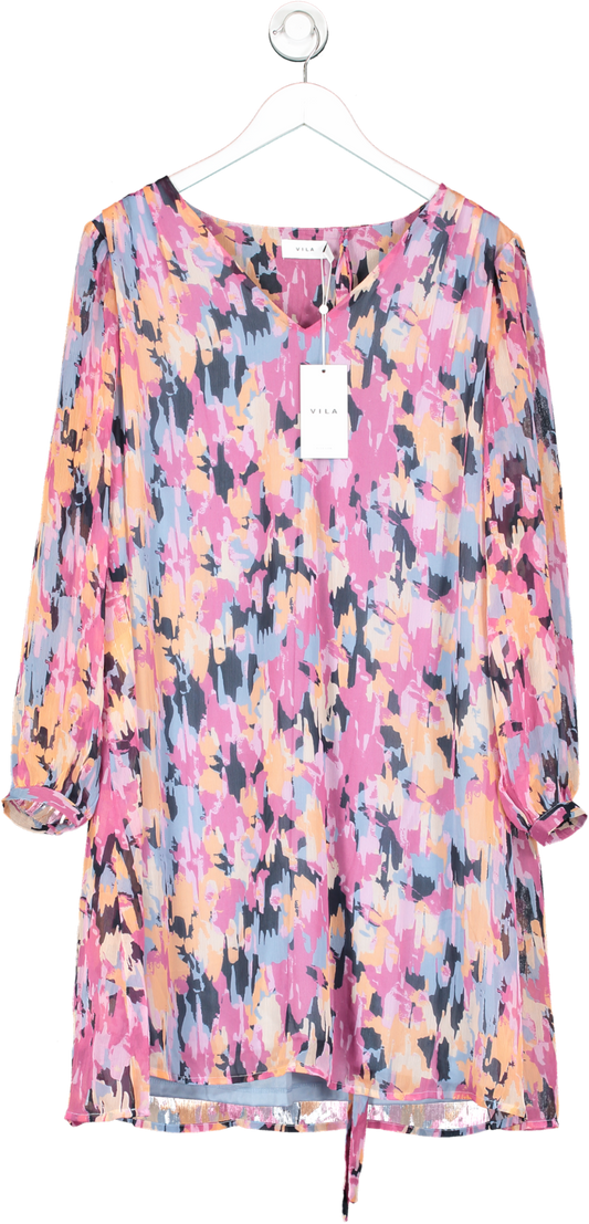 VILA Pink Pattern Print Long Sleeve Dress UK 16